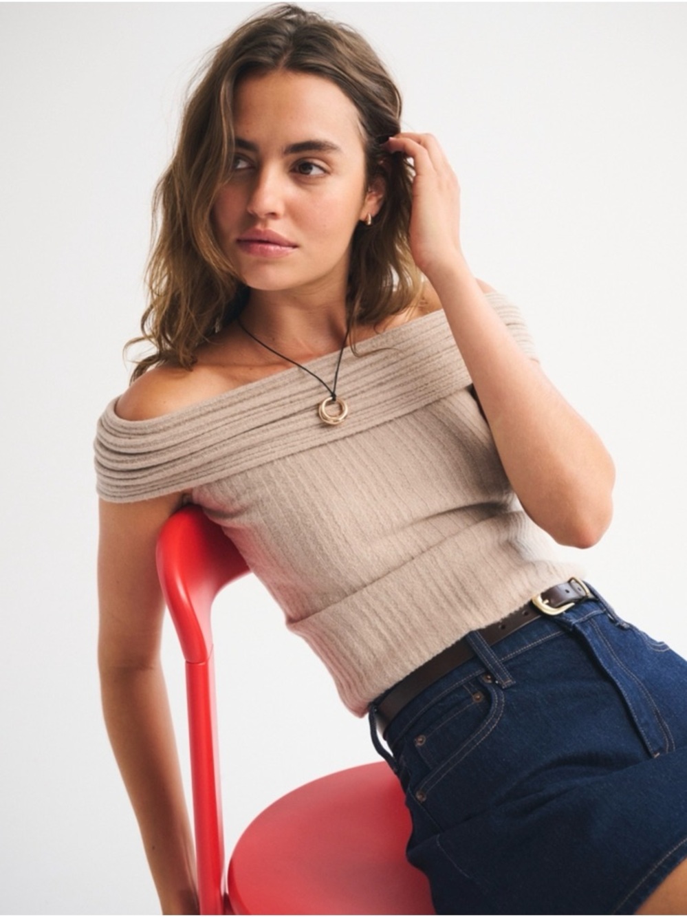 Abercrombie & Fitch Beige Off-Shoulder Ribbed Top